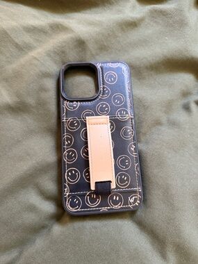 Smiley Pattern Black Phone Case with Beige Strap